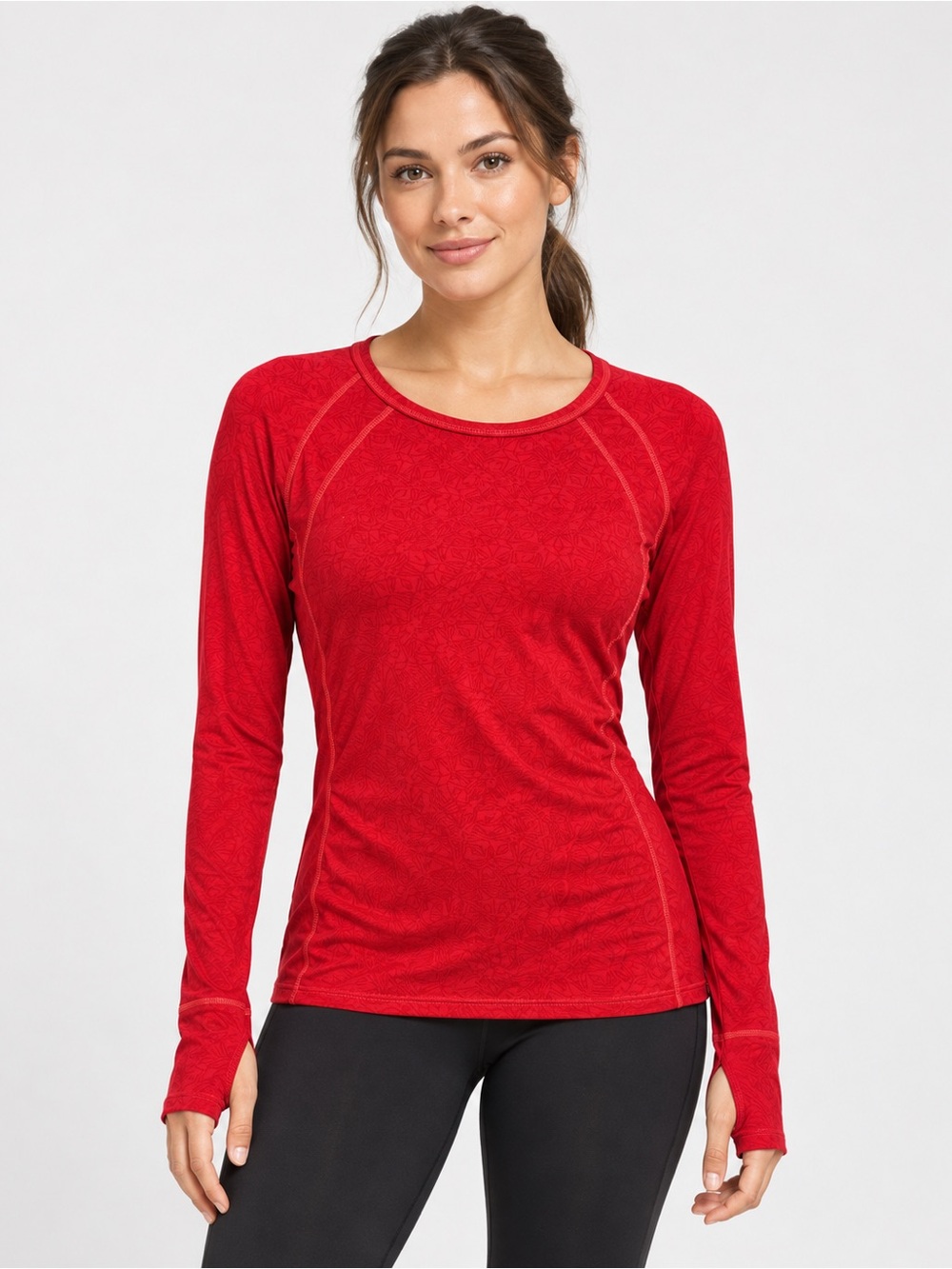 Athleta Women’s Small Red Long Sleeve Activewear Top Thumbholes Geometric Print